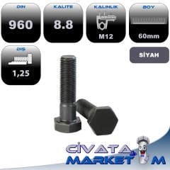 M12*60 ANAHTAR BAŞ İNCE DİŞ 1,25 YARIM PASO CİVATA 8,8