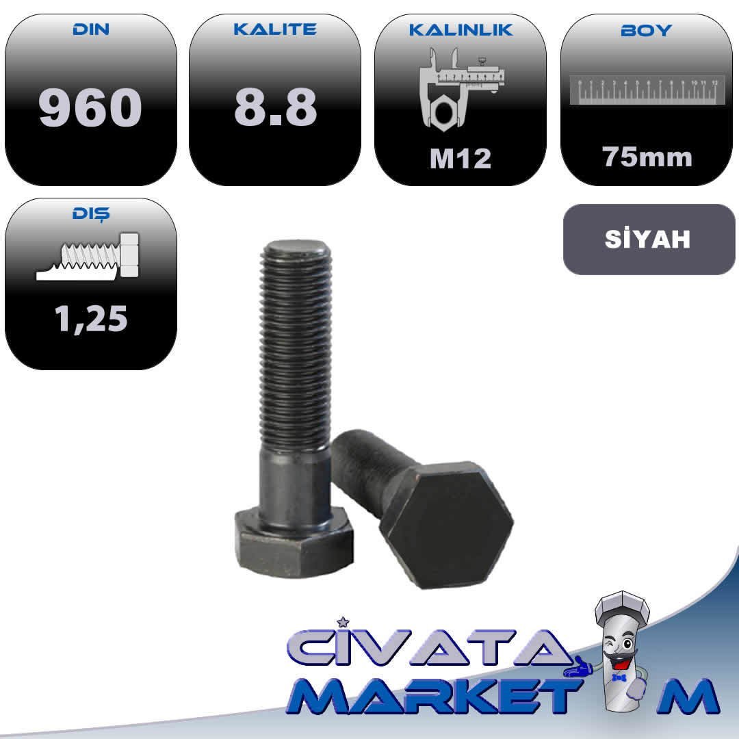 M12*75 ANAHTAR BAŞ İNCE DİŞ 1,25 YARIM PASO CİVATA 8,8