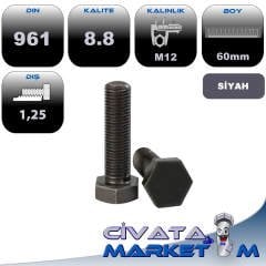 M12*60 ANATAR BAŞ İNCE DİŞ 1,25 TAM PASO CİVATA 8,8