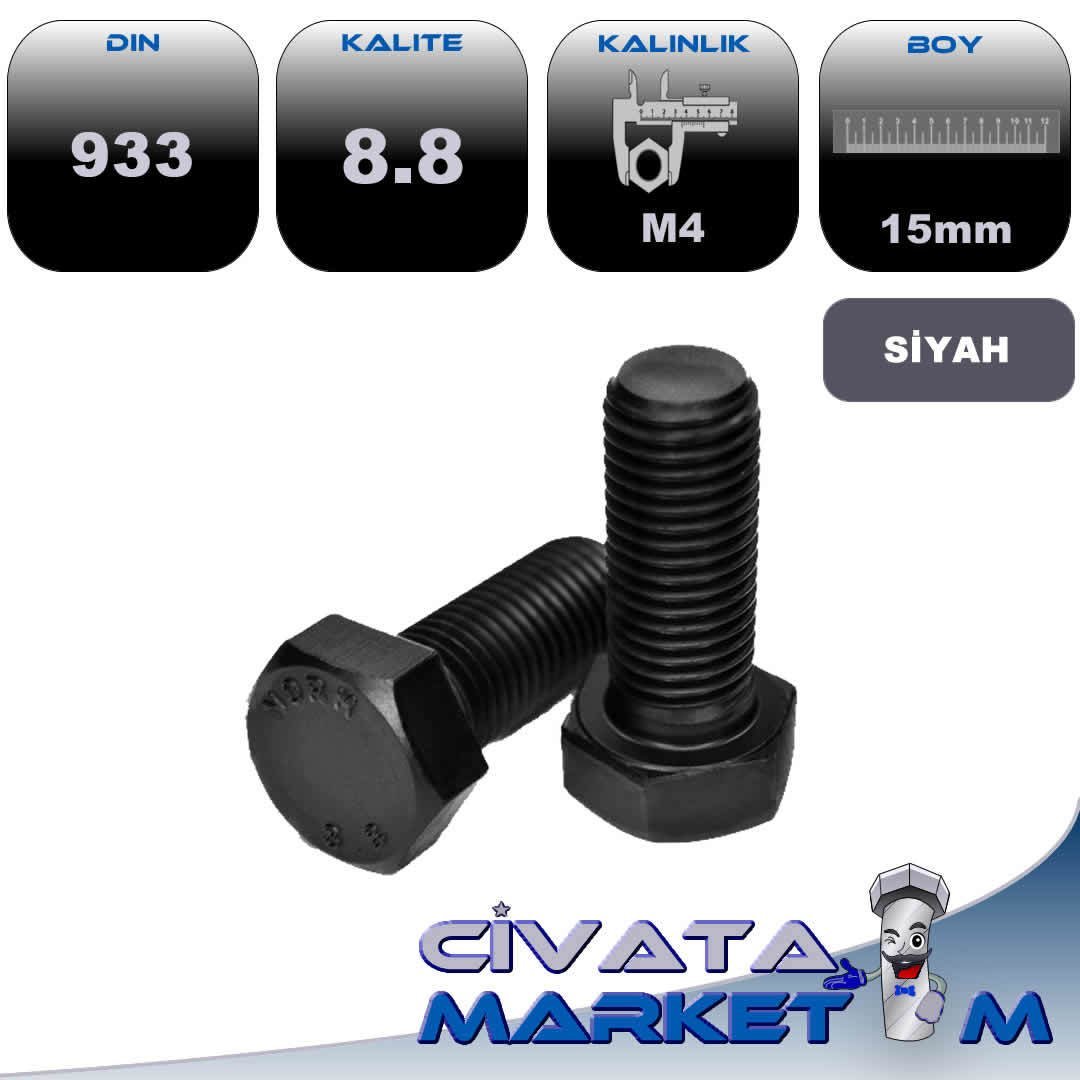 M4*15 ANAHTAR BAŞ TAM DİŞ CİVATA 8,8 SİYAH