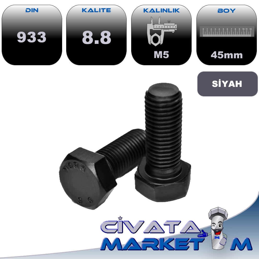 M5*45 ANAHTAR BAŞ TAM DİŞ CİVATA 8,8 SİYAH