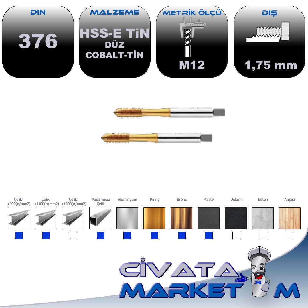 HSS-E TIN MAKİNA KLAVUZU DIN376 DÜZ M12X1,75