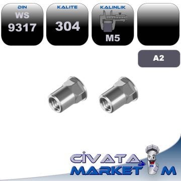 M5 SOMUNLU PERÇİN AKB ŞAPKALI WS9317 A2 304 (Dar Flanşlı)