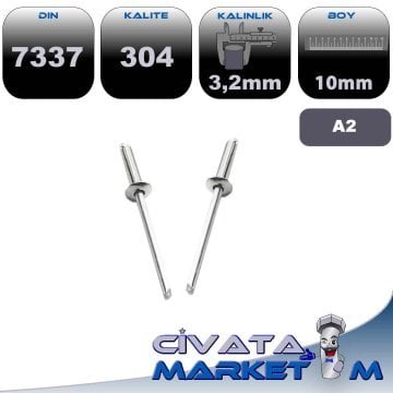 3,2x10 POP PERÇİN DIN7337 A2 304