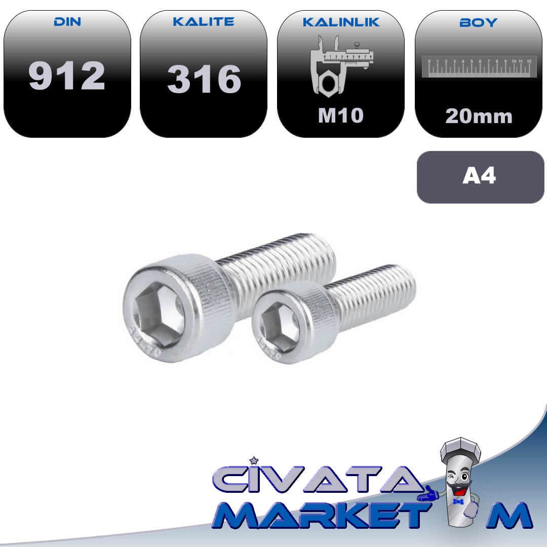 M10*20 İMBUS CİVATA DIN 912 A4 316