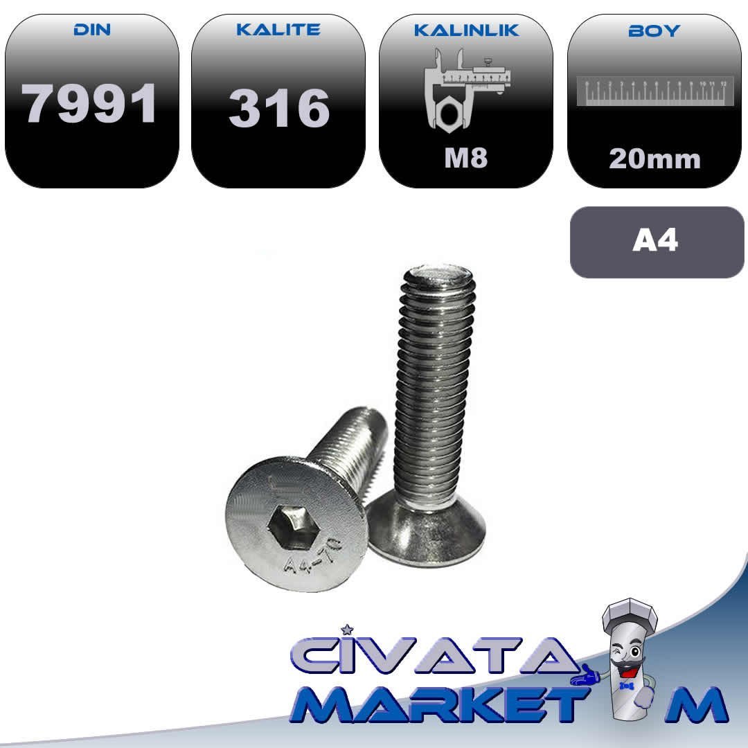 M8*20 HAVŞA BAŞ İMBUS UNI5953 A4 316