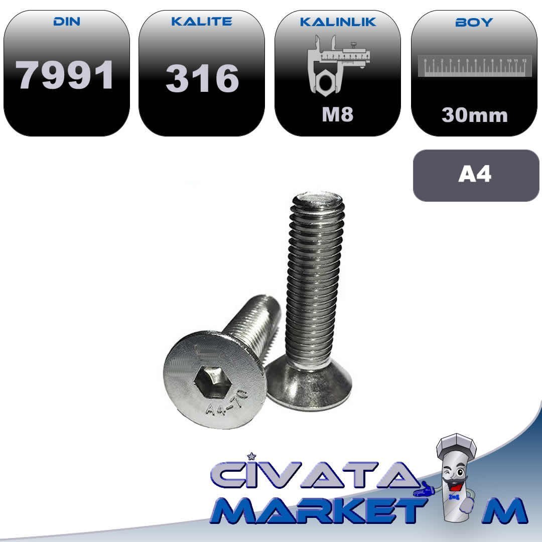 M8*30 HAVŞA BAŞ İMBUS UNI5953 A4 316