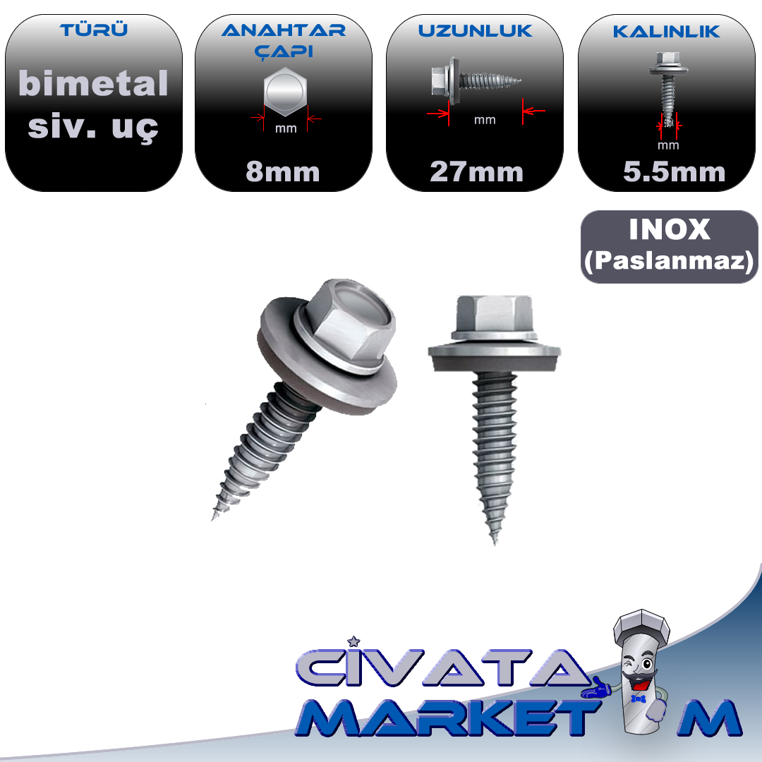 SLR KENDİNDEN DELME SİVRİ UÇLU VİDA  5.5x27 - Inox Paslanmaz