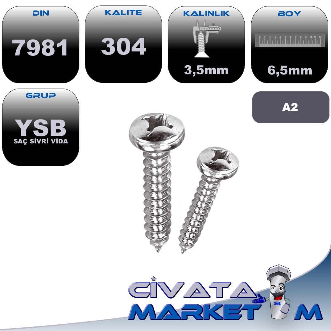 3,5X6,5 YSB SAC VİDASI A2 304