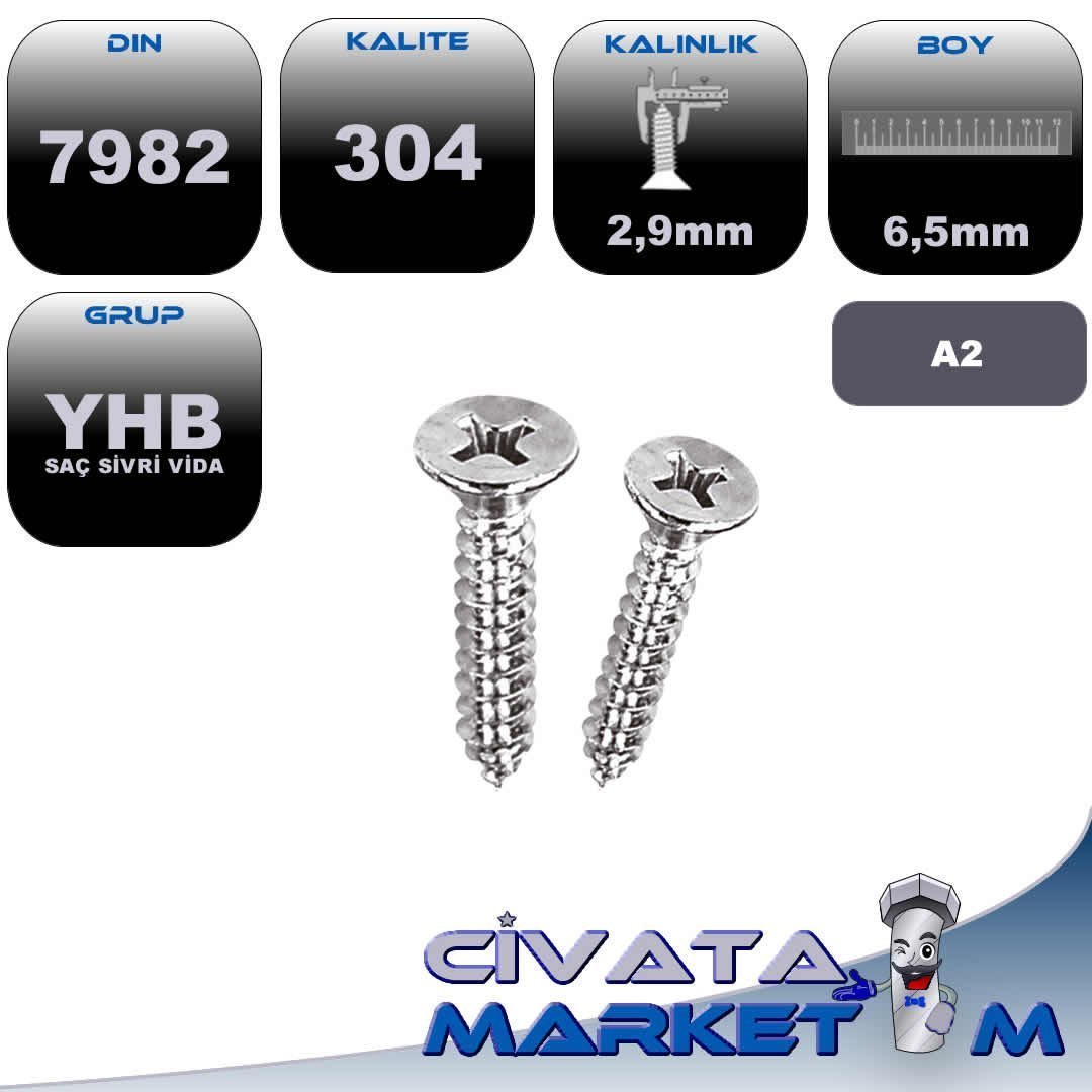 2,9X6,5 YHB SAC VİDASI A2 304