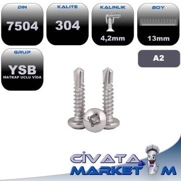 4,2X13 YSB MATKAP UÇLU VİDA A2 304