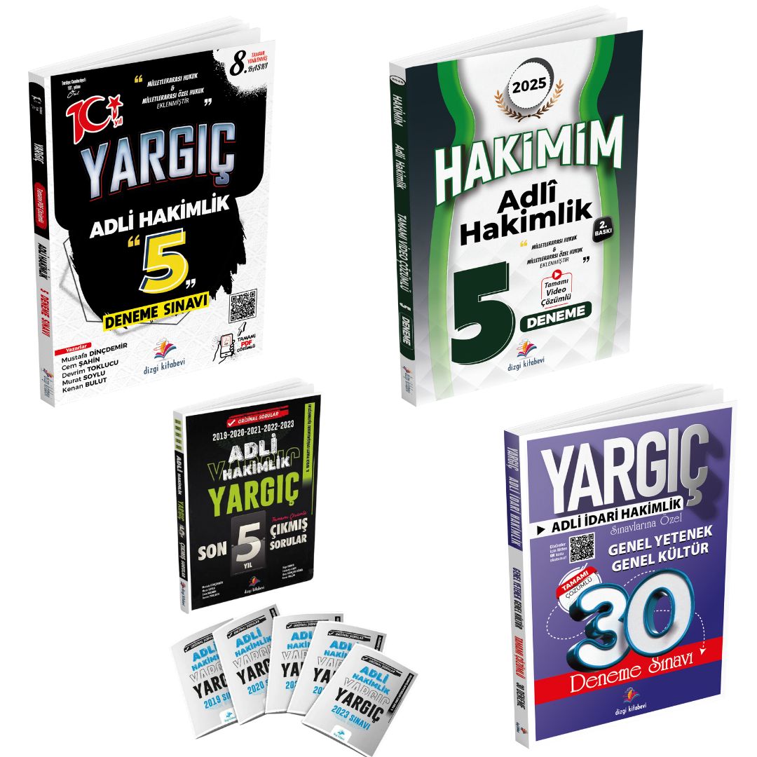 Dizgi Kitap Yargıç Adli Hakimlik PDF Çözümlü 5 Deneme, Hakimim Video Çözümlü 5 Deneme, Son 5 Yıl Çözümlü Orijinal Çıkmış Sorular ve Genel Yetenek Genel Kültür 30 Deneme Seti