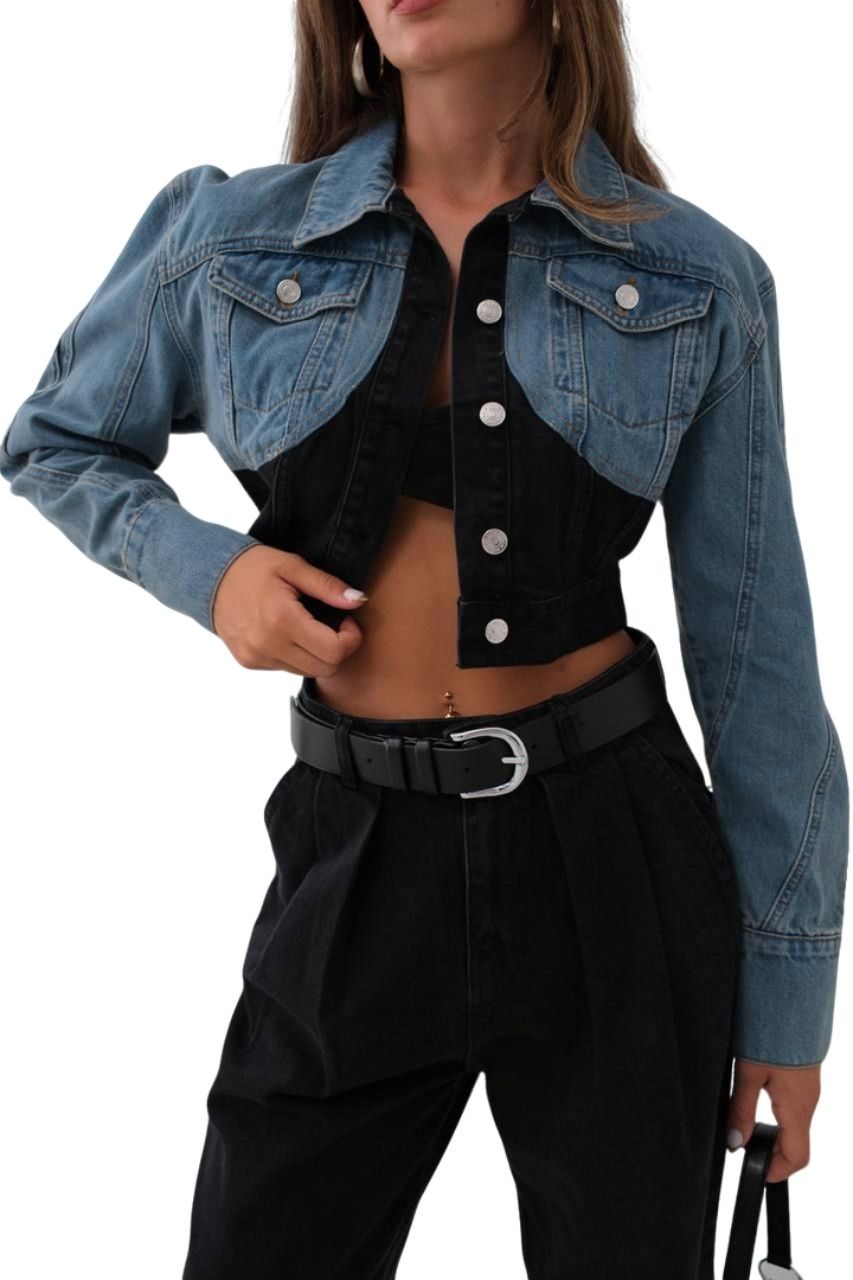 Double Color Crop Denim Jacket