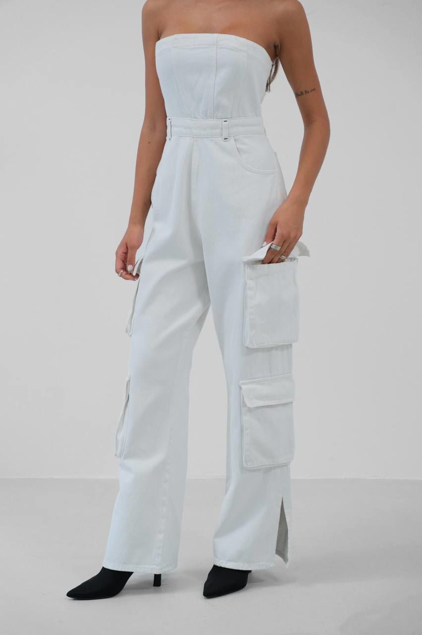 Cargo Pocket Strapless Denim Jumpsuit