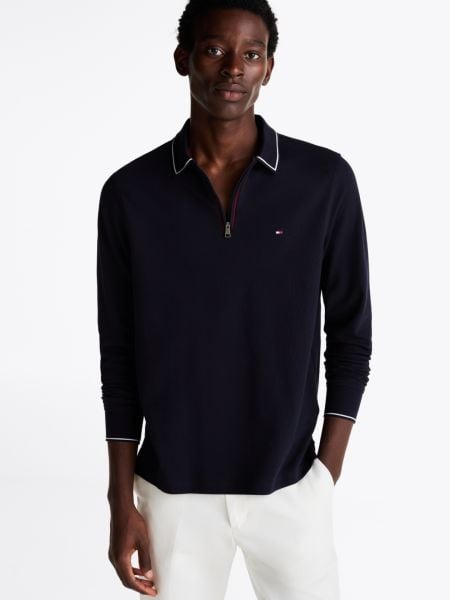 Tommy Hilfiger Zip Placket Long Sleeve Polo Sweatshirt LACİVERT