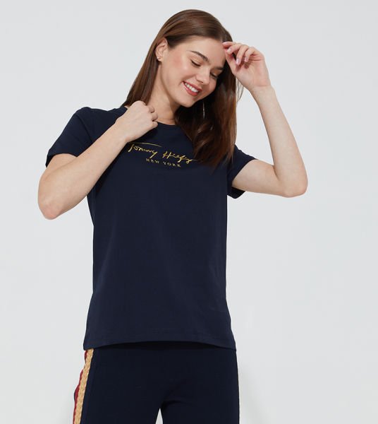 Tommy Hilfiger Logo Nakışlı Bayan T-Shirt Lacivert