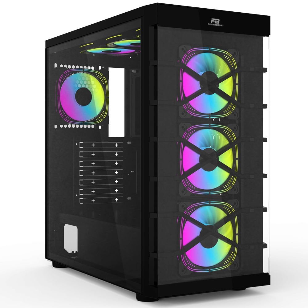 PowerBoost PB-GR222BB USB3.0 Full Siyah Tempered Glass 7xRGB Fanlı kasa (PSU Yok)