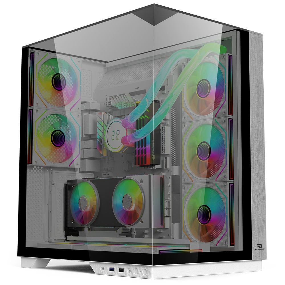 PowerBoost ECLIPSE 8*ARGB Fan Triple Temperli Cam Type-C Ahşap Mid-T Seaview ATX Gaming Beyaz Kasa