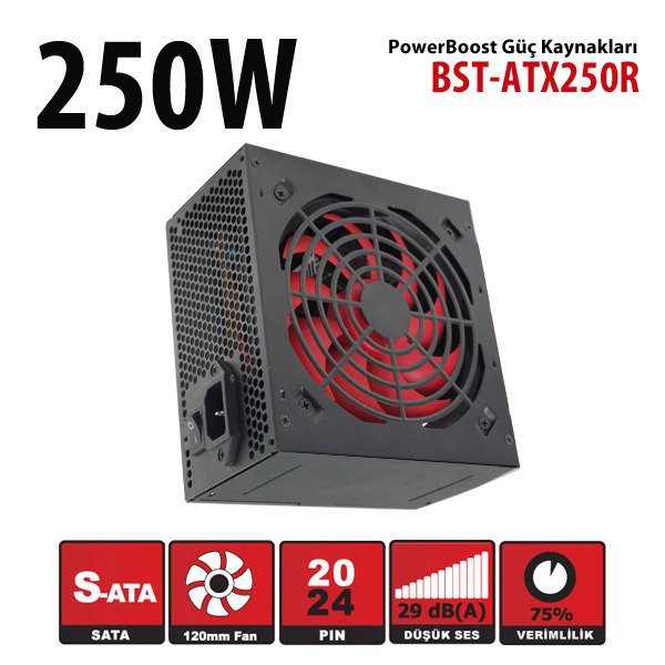 PowerBoost BST-ATX250R 250w, PPFC 12cm Kırmızı Fanlı ATX PSU (Retail Box)