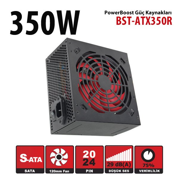 Power Boost 350w Siyah 12cm KIRMIZI fanlı ATX POWER SUPPLY (Retail Box)