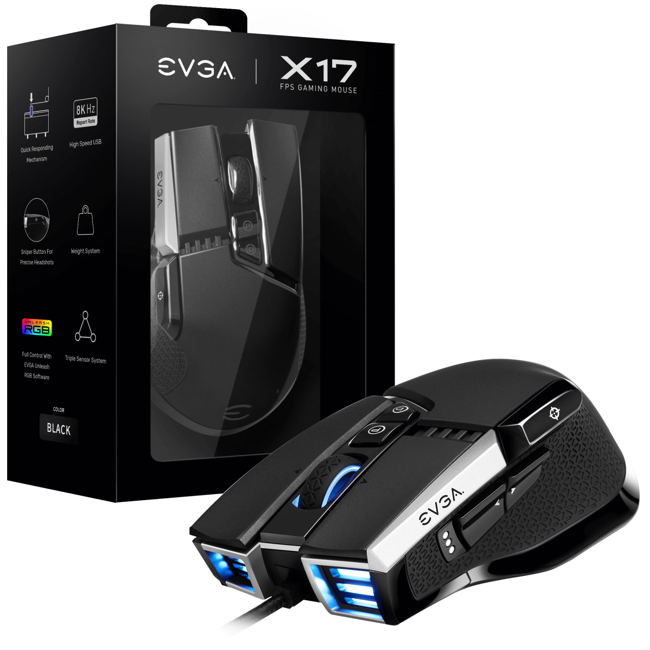 EVGA X17 Kablolu, Siyah, Özelleştirilebilir, 16.000 DPI, 5 Profil, 10 Düğme, Ergonomik Gaming Mouse