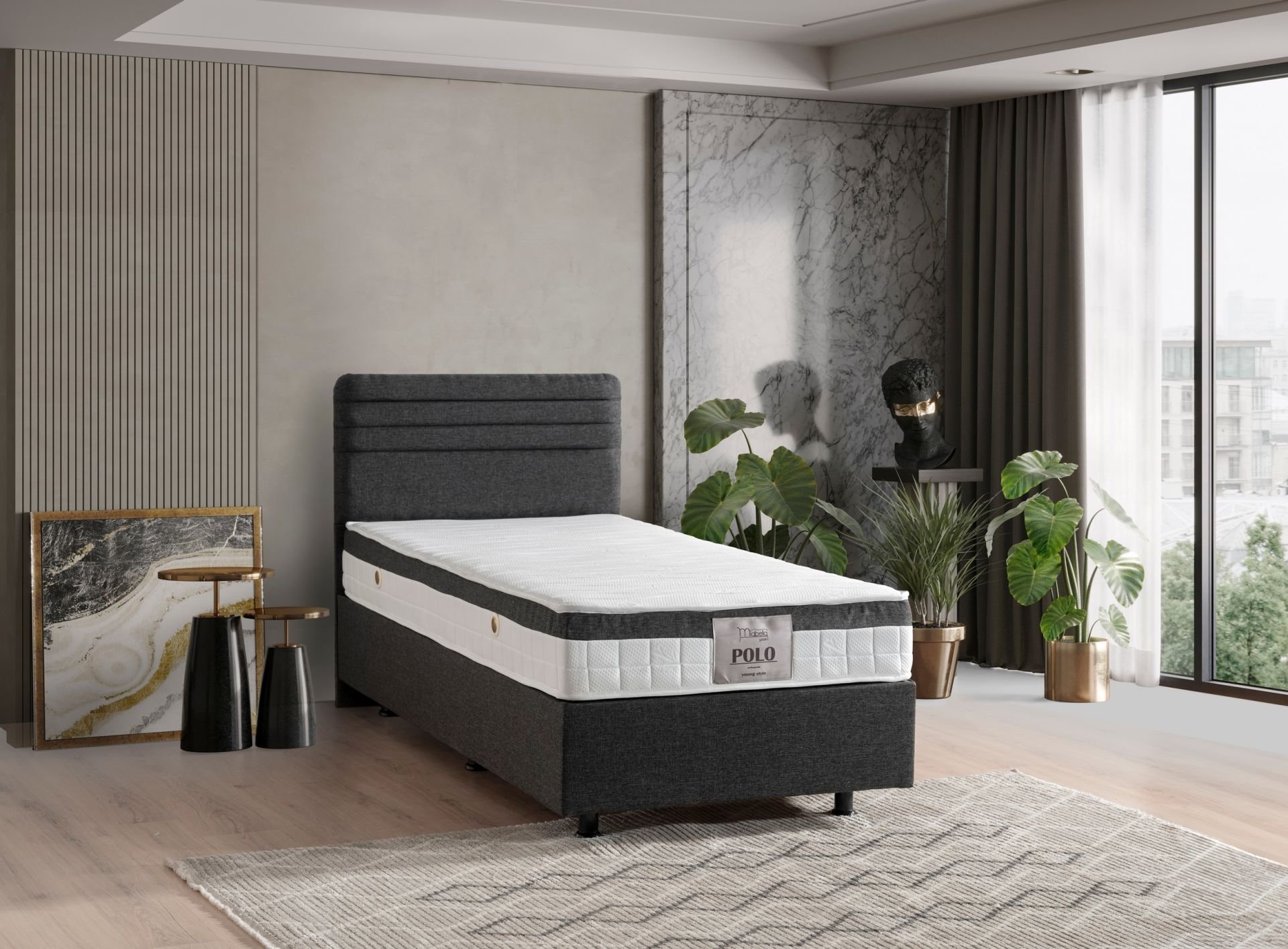 Polo Antrasit 90x200 Tek Kişilik Baza, Başlık Seti MBL1424