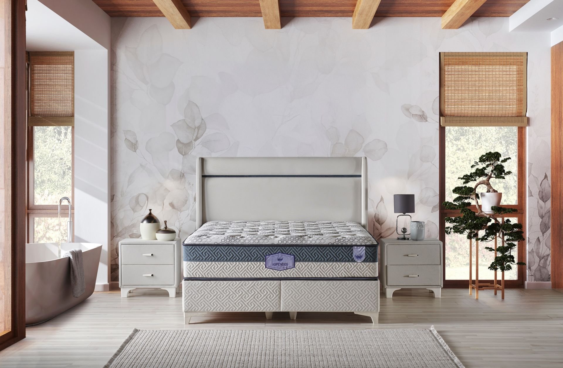 Aspendos Krem 140 x 200 Çift Kişilik Yatak, Baza, Başlık Seti CB3311