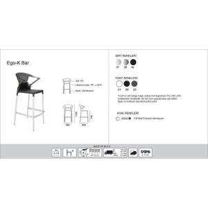 Ego-K Bar Solid Siyah - Siyah Alüminyum Ayaklı Kollu Bar Sandalyesi PPT1471