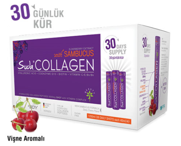 Suda Collagen Sambucus Vişne Flawor Likit Kolajen 40ml | 14 Shot