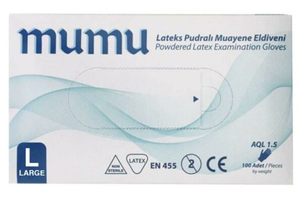 Mumu Muayene Eldiveni Lateks Pudralı Beyaz Büyük Boy (L) | 100 Adet