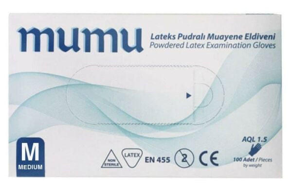 Mumu Muayene Eldiveni Lateks Pudralı Beyaz Orta Boy (M) | 100 Adet