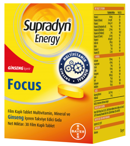 Supradyn Energy Focus Multivitamin Mineral ve Ginseng İçeren 30 Tablet