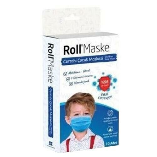 Roll Maske Cerrahi Çocuk Maskesi Mavi | 3 Katlı & Telli