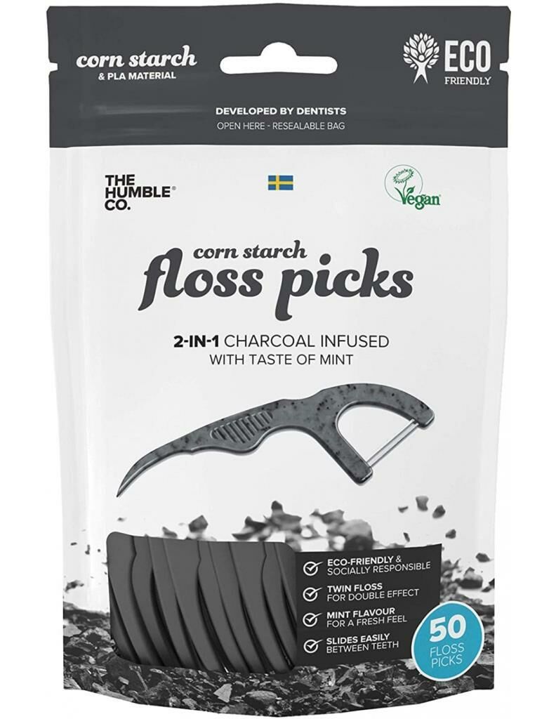 Humble Brush Floss Picks Charcoal 50 Adet | Kürdanlı Diş İpi Kömür Etkisi Nane Tadı