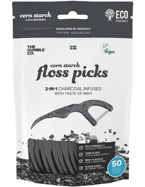 Humble Brush Floss Picks Charcoal 50 Adet | Kürdanlı Diş İpi Kömür Etkisi Nane Tadı