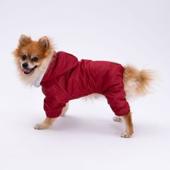 Kırmızı Kürklü Tulum Yağmurluk Küçük Irk Yağmurluk  Köpek Kıyafeti  Köpek Yağmurluğu
