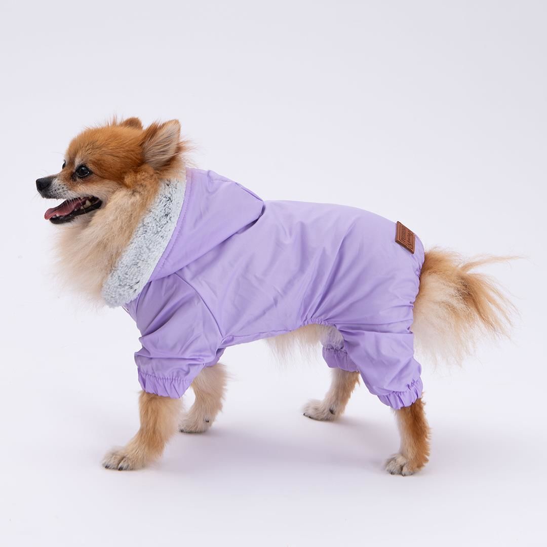 Lila Kürklü Tulum Yağmurluk Küçük Irk Yağmurluk  Köpek Kıyafeti  Köpek Yağmurluğu