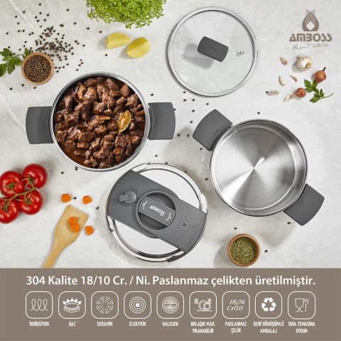 Amboss Enio Matik 4+6 LT 4 Parça Paslanmaz Çelik Düdüklü Tencere Seti