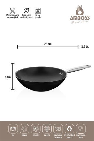 Amboss Dark 6 Parça 28 cm Wok Tavalı, Tencere Seti - Cam Kapaklı