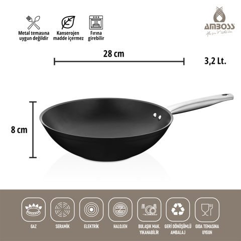 Amboss Dark Yanmaz Yapışmaz 3 Parça Titanyum Kaplama Tava -Cam Kapaklı (28 cm Wok, 28 cm Tava Tek Kapak)