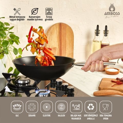 Amboss Dark Yanmaz Yapışmaz 3 Parça Titanyum Kaplama Tava -Cam Kapaklı (28 cm Wok, 28 cm Tava Tek Kapak)