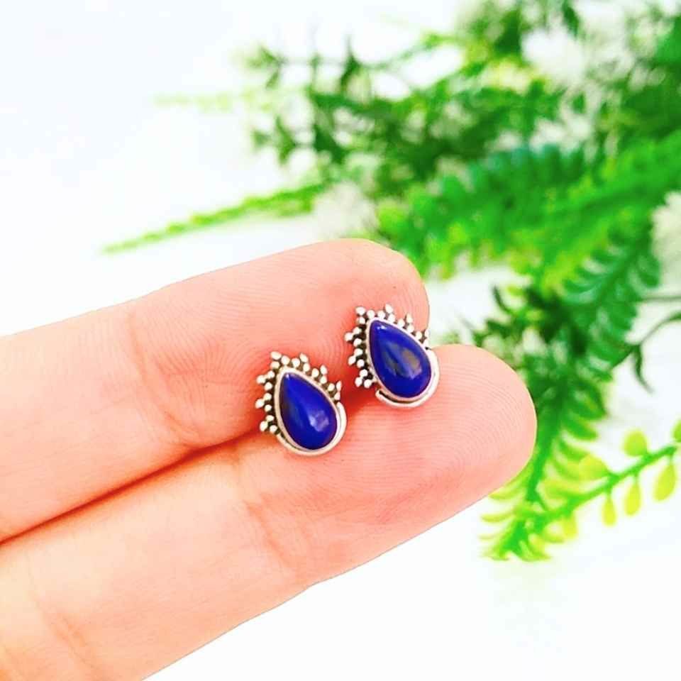 Lapis Lazuli Doğal Taş Gümüş Küpe 00636