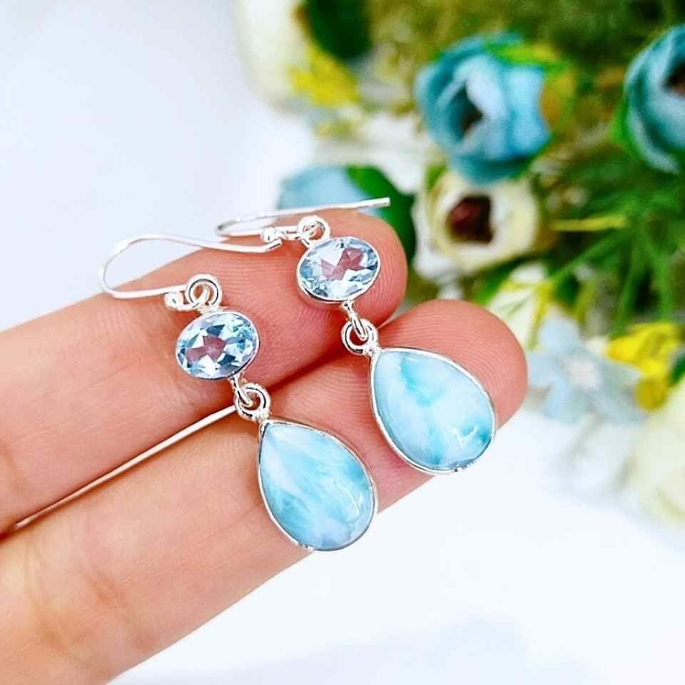 Larimar ve Topaz Doğal Taş Gümüş Küpe 00678