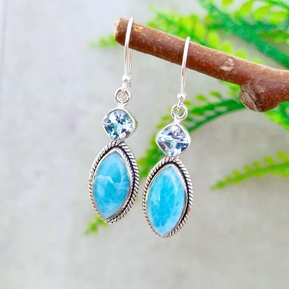 Larimar ve Topaz Doğal Taş Gümüş Küpe 00681