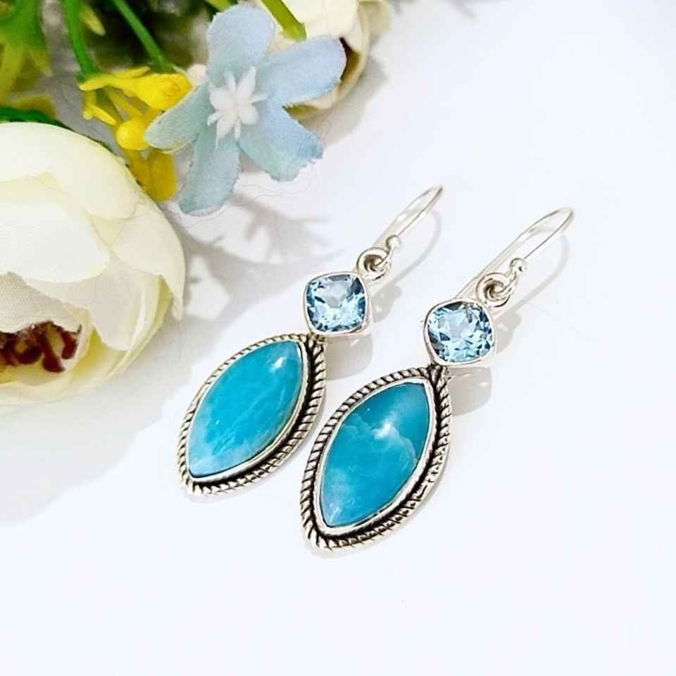 Larimar ve Topaz Doğal Taş Gümüş Küpe 00681