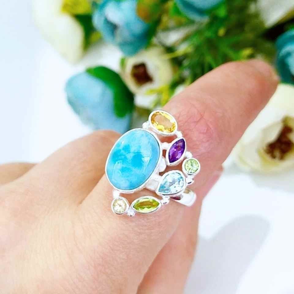 Larimar ve Topaz Taşı Doğal Taş Gümüş Yüzük 00777