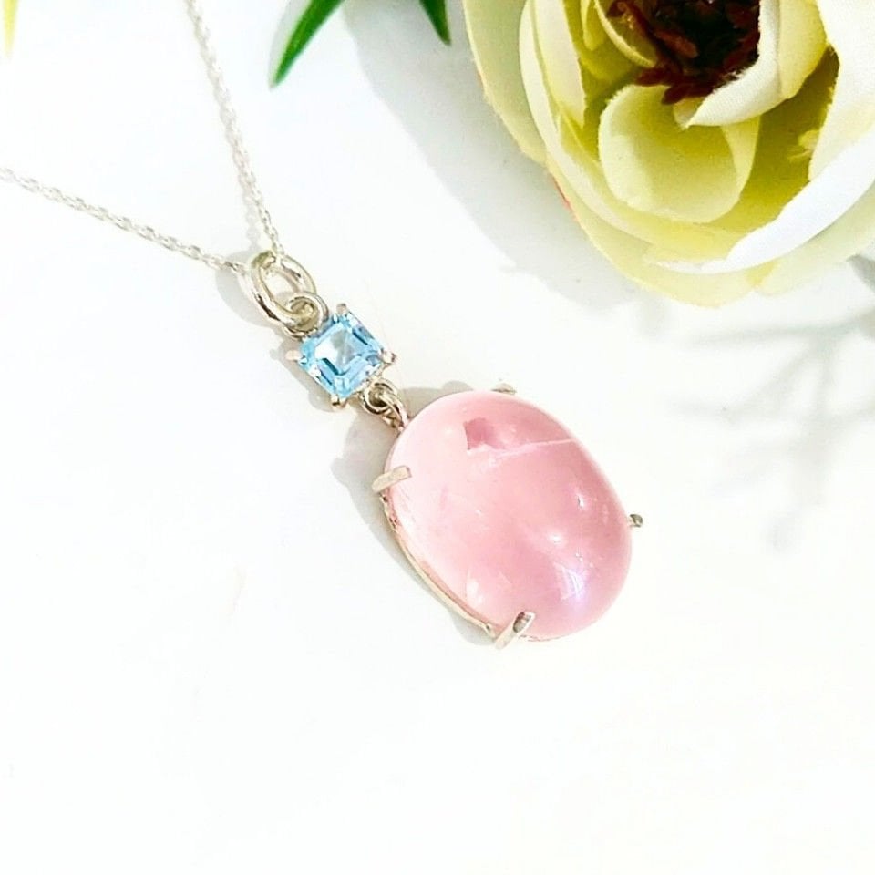 Pembe Kuvars ve Blue Topaz Doğal Taş Kolye