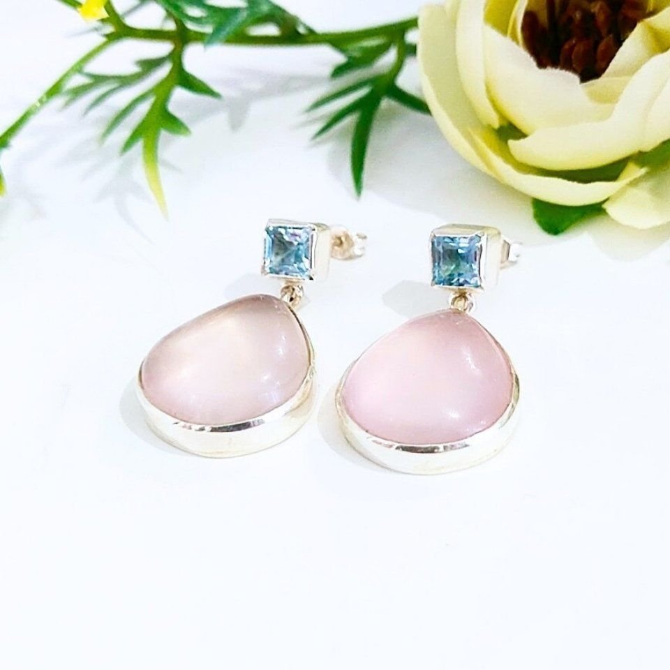 Pembe Kuvars ve Blue Topaz Doğal Taş Küpe