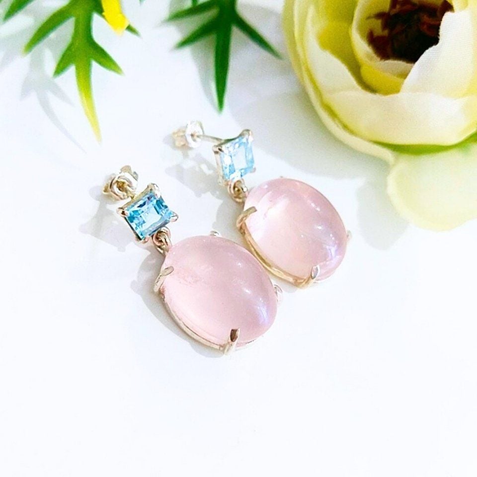 Pembe Kuvars ve Blue Topaz Doğal Taş Küpe