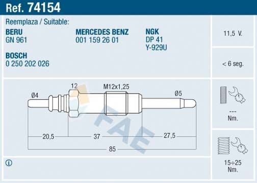 Fae Kızdırma Bujisi M602 M 312 11.5 Volt (A001 159 26 01)